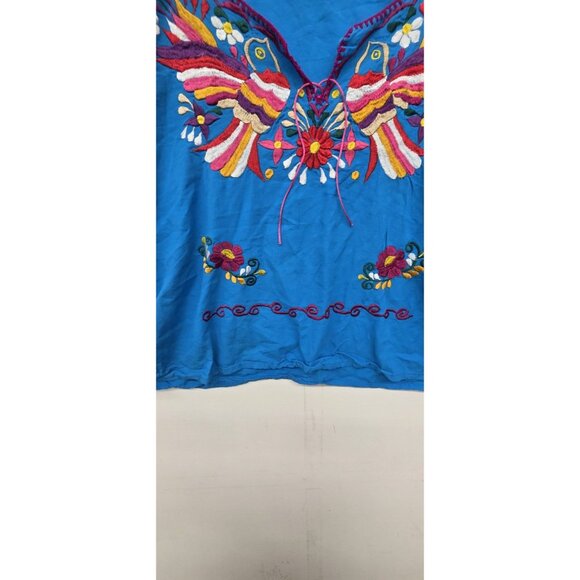 Mexican Bird embroidered handmade blouse Blue Flowers Frida Khalo Style LG - Picture 4 of 7